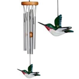 Hanging metal wind chime with two hummingbird ornaments