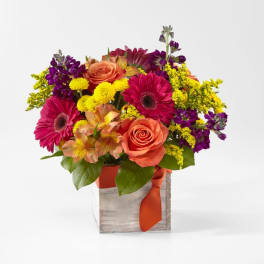 Bright mixed bouquet with roses, gerbera daisies, and yellow filler in a box