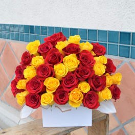 Bouquet of red and yellow roses in a white box