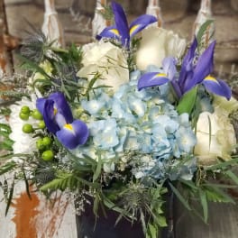 Compact arrangement of blue hydrangea, white roses, and purple iris in a dark cube vase