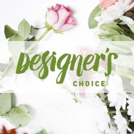 Pink-edged white rose and white daisies with green leaves and a "designer's choice" label