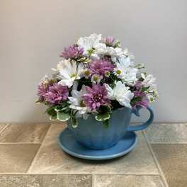 Pink and white daisy bouquet in a blue teacup planter