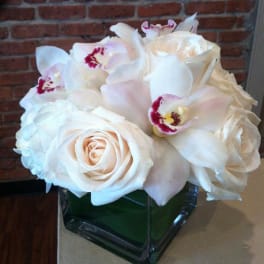 White roses and orchids arranged in a square glass vase
