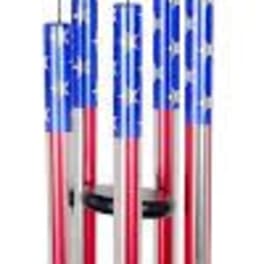 Patriotic wind chime with red, white, and blue tubes hanging from a black top and clapper.