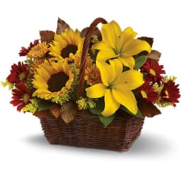 Basket arrangement with sunflowers, yellow lilies, and red daisies