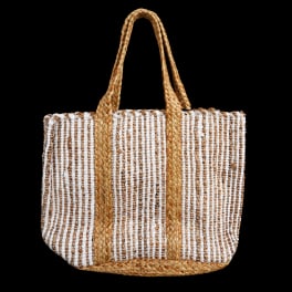 Woven straw tote bag with white and tan stripes