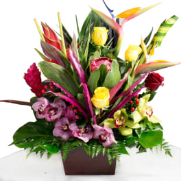 Tropical floral arrangement with yellow roses and orchids in a dark square vase