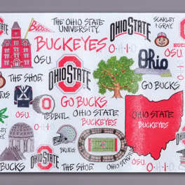 Ohio State Buckeyes themed wall art with logos and campus illustrations