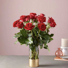 Red roses in a clear glass vase with a gold base