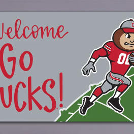Gray sign with red text and a football player graphic