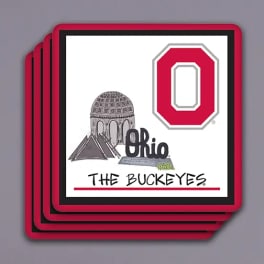 Stack of Ohio State Buckeyes coasters with a red and black design