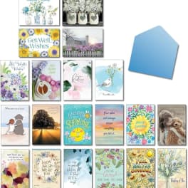 Assorted floral greeting cards and a blue envelope displayed in a grid.
