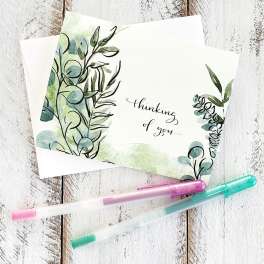 Thinking of you cards with watercolor greenery and glitter pens