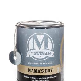 Labeled candle in a metal tin with a hanging tag