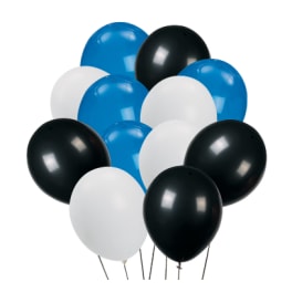 Cluster of blue, black, and white balloons on sticks