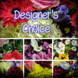 Collage of colorful flowers with the words "Designer’s Choice"