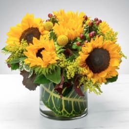 Sunflower arrangement in a clear glass vase with yellow accents