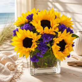 Sunflowers and Purple Statice Cube
