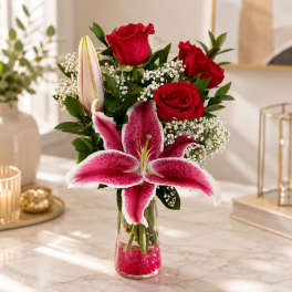 Pink Stargazer Lilies & Red Rose Romance