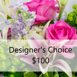 Mixed bouquet with pink roses, lilies, and purple flowers