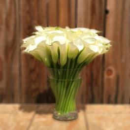 White calla lilies arranged in a clear glass vase