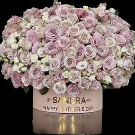 Pink and white rose bouquet in a personalized box