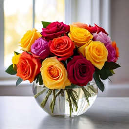 Mixed roses in a clear glass bowl vase