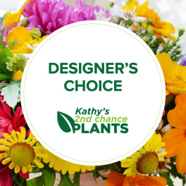 Designer’s choice bouquet with bright mixed flowers around a logo circle