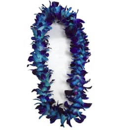 Blue and purple flower lei on a white background