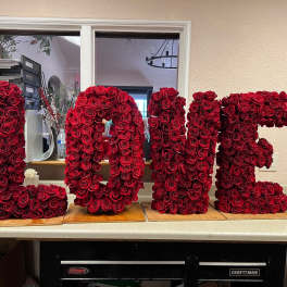 Large red rose letters spelling "LOVE" on wooden bases