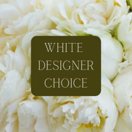 White peony-like flowers with a "White Designer Choice" label