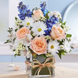 Peach roses and white daisies in a clear square vase with a bow