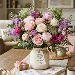 Pink, white, and purple roses and peonies in a cream ceramic pitcher on a wooden table