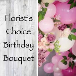 Pink and white balloon-decorated birthday bouquet with flowers