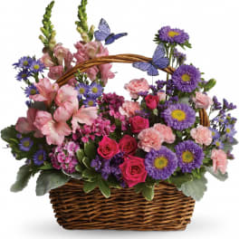 Basket arrangement of pink and purple flowers with butterfly accents