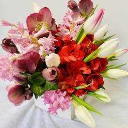 Bouquet of red and pink flowers with white tulip buds in a white container