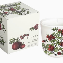 Tomato-scented candle in a white glass jar with matching box