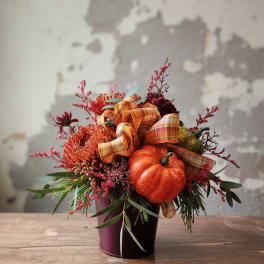 Fall arrangement with orange flowers, pumpkins, and plaid ribbon in a burgundy pot
