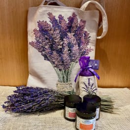 Lavender gift set with a tote bag, dried flowers, and scented jars