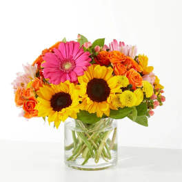 Bright mixed bouquet of sunflowers, roses, and a pink gerbera in a glass vase