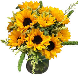 Bouquet of yellow sunflowers in a dark glass vase