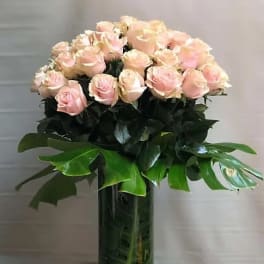 Pink roses arranged in a tall glass vase with broad green leaves