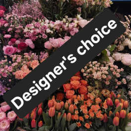 Assorted pink and peach flower bouquets with a diagonal "Designer's choice" banner