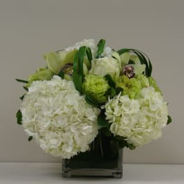 White hydrangeas and green orchids in a square glass vase