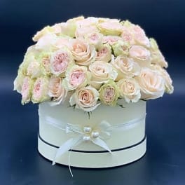 Round box arrangement of pale pink and cream roses with a ribbon bow
