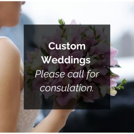 Bride holding a pink and white wedding bouquet with text overlay