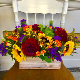 Bright mixed flower arrangement in a wooden box on a chair