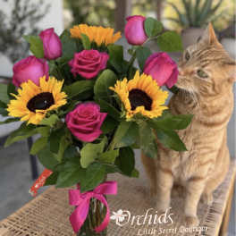 Sunflower Fuchsia Rose Bouquet | Cat Lover's Collection | Same-Day Flower Delivery