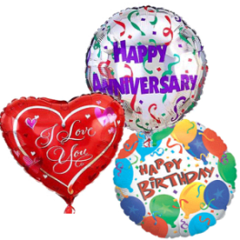 Three foil balloons reading Happy Anniversary, I Love You, and Happy Birthday