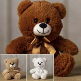 Plush teddy bear with a ribbon bow, shown in brown with tan and white variants